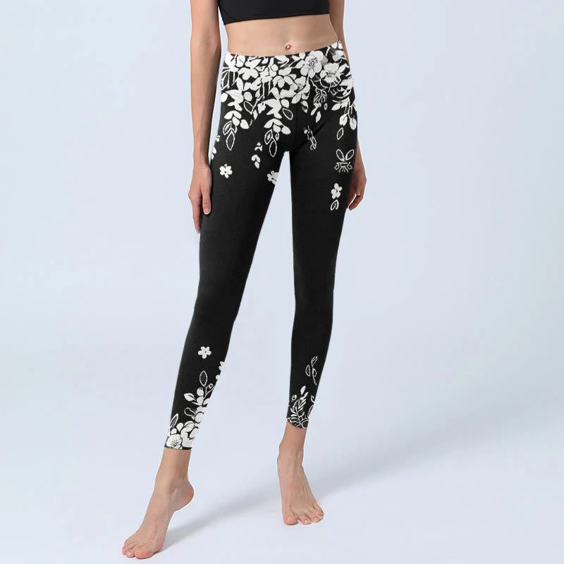 Buddha Stones Black White Contrast Flower Pattern Print Gym Leggings Women's Yoga Pants