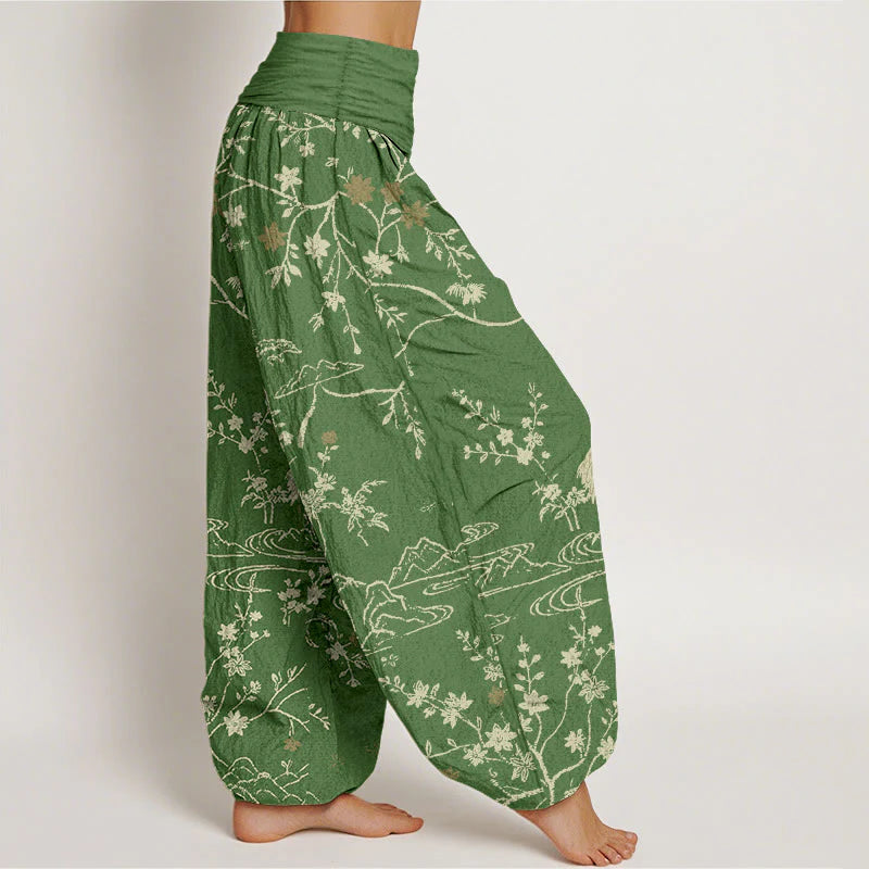 Buddha Stones Crane Floral Tree Branches Pattern Print Women's Elastic Waist Harem Pure Cotton Pants