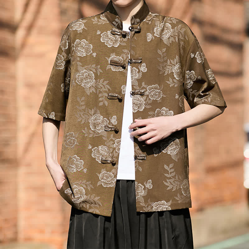 Buddha Stones Retro Frog Buttons Mandarin Collar Floral Jacquard Men's Short Sleeve Shirt