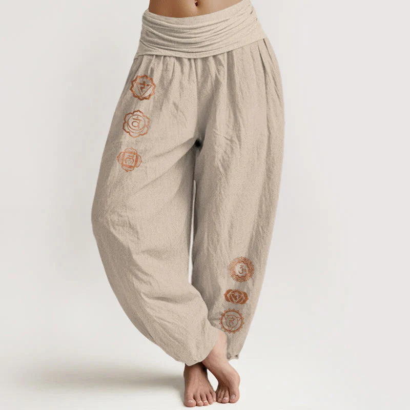 Buddha Stones Casual Chakra Symbol Pattern Pure Cotton Women's Elastic Waist Harem Pants