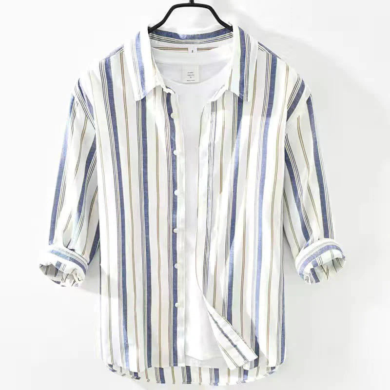 Buddha Stones Fall Stripe Decorative Pocket Buttons Down Long Sleeve Three Quarter Sleeve Short Sleeve Men's Cotton Shirt