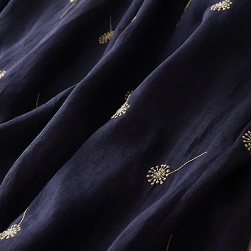 Buddha Stones MidnightBlue Printing Lace-Up Design Sleeveless Cotton Midi Dress With Pockets