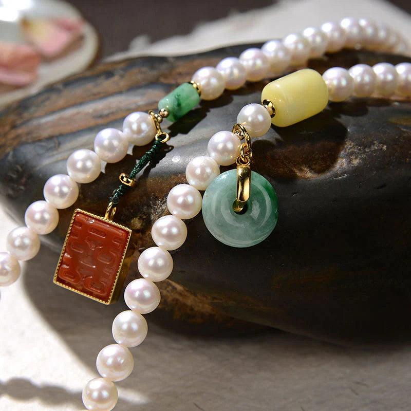 Buddha Stones 925 Sterling Silver Pearl Hetian Jade Red Agate Double Happiness Amber Luck Quadruple Wrap Bracelet (Extra 30% Off | USE CODE: FS30)