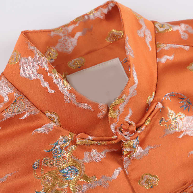 Buddha Stones Orange Kirin Auspicious Clouds Frog-Button Long Sleeve Men's Jacket With Pockets