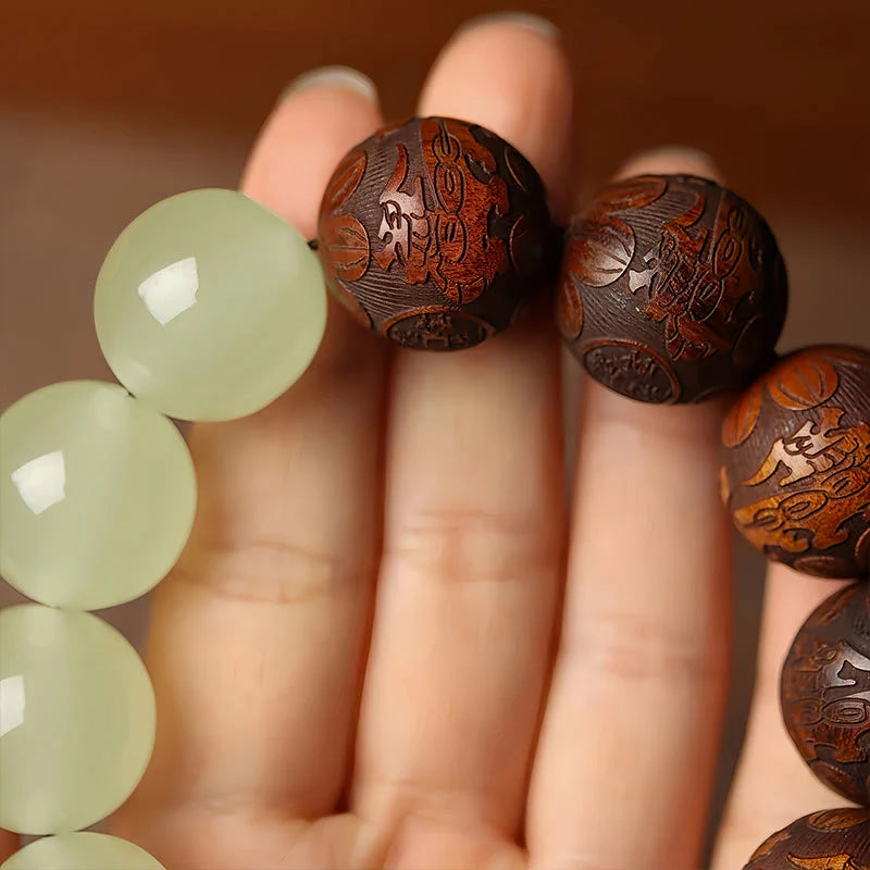 Buddha Stones Sappan Wood Engraving Pixiu Fu Character Cure Bracelet