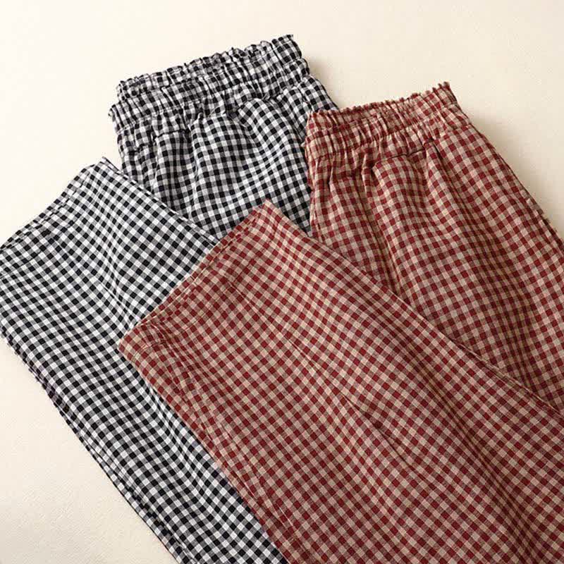 Buddha Stones Summer Plaid Elastic Waist Cropped Women's Tapered Pants With Pockets