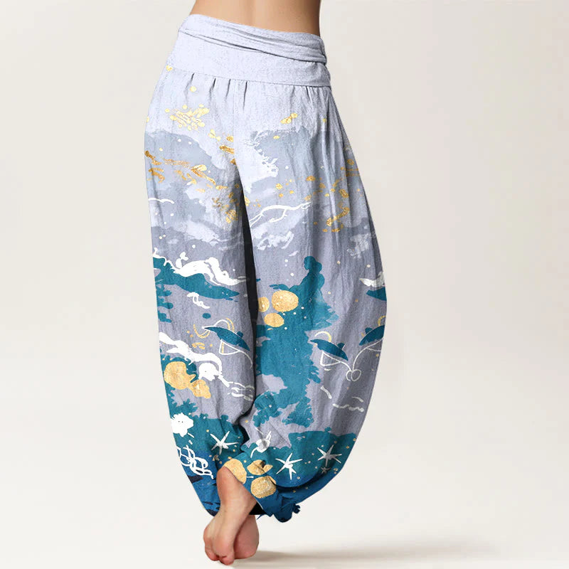 Buddha Stones Cotton Waves Sky Pattern Women's Elastic Waist Harem Pants