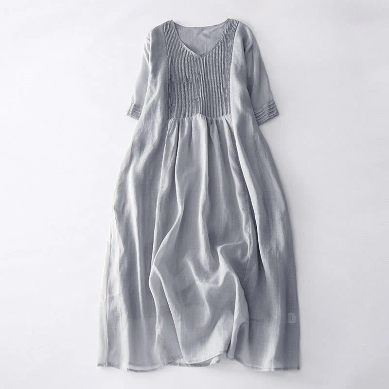 Buddha Stones Casual Accordion Pleat Plain V-neck Short Sleeve Cotton Midi Dress With Pockets