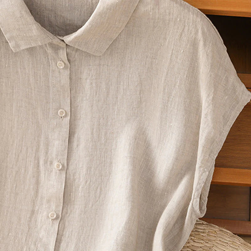 Buddha Stones Summer Plain Color Button Short Sleeve Women's Cotton Shirt