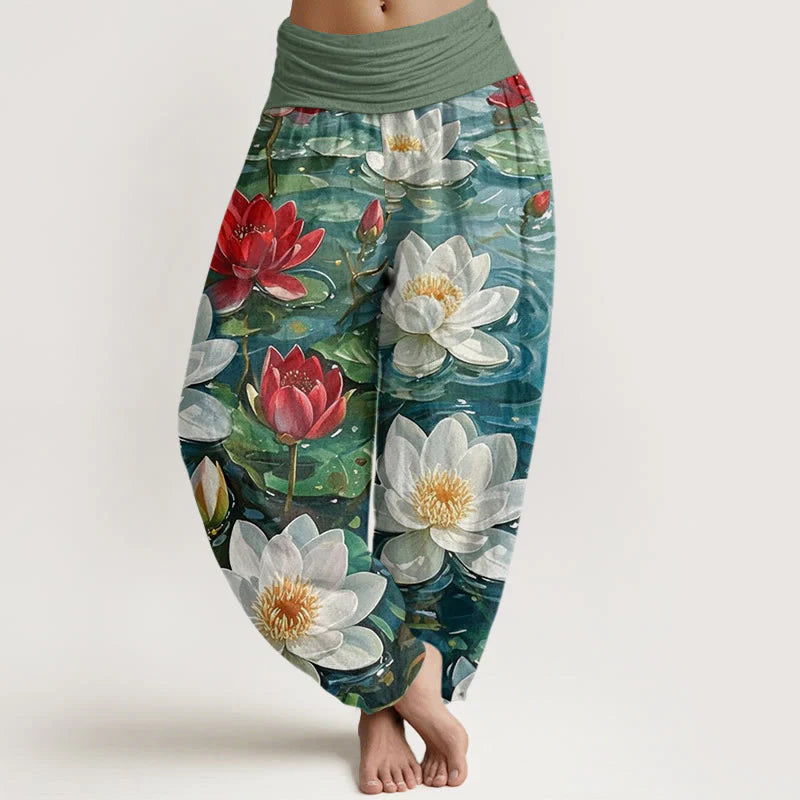Buddha Stones Cotton Casual Blooming Red Lotus Flower Pattern Women's Elastic Waist Harem Pants