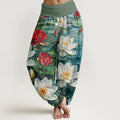 Buddha Stones Cotton Casual Blooming Red Lotus Flower Pattern Women's Elastic Waist Harem Pants