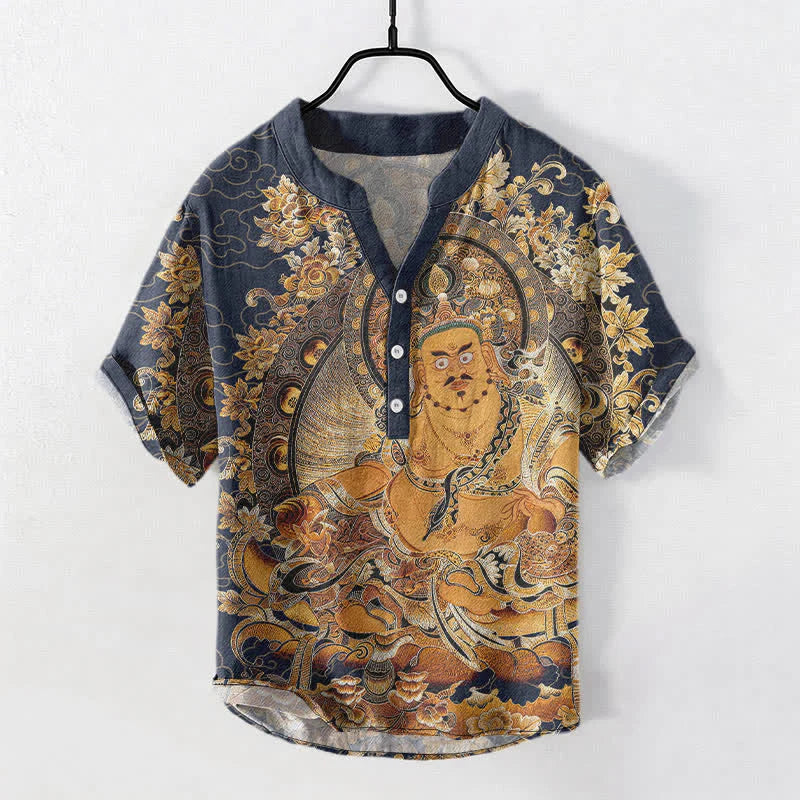 Buddha Stones Cotton Gold Buddha Floral Print Men's Short Sleeve Half Button Shirt