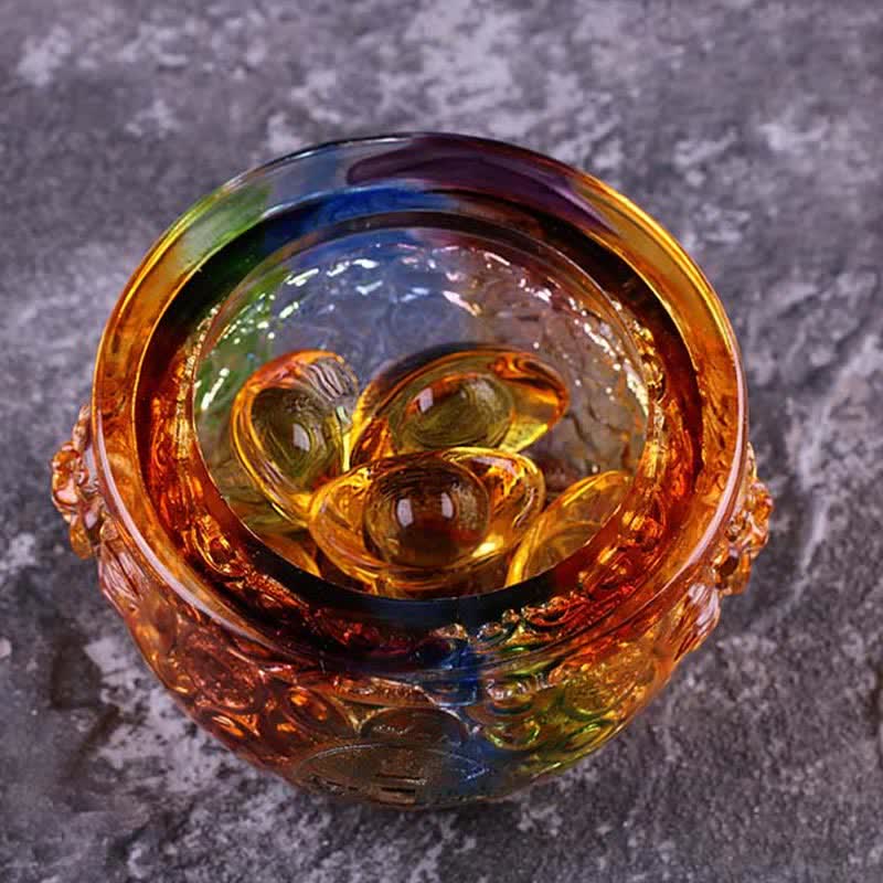Buddha Stones Handmade Liuli Crystal Treasure Bowl Art Piece Home Decoration