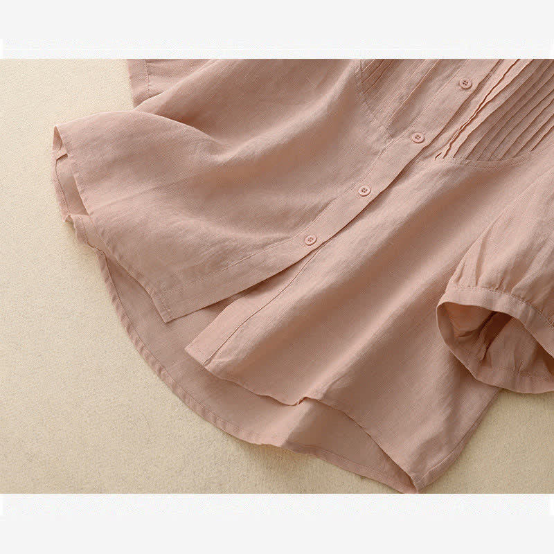 Buddha Stones Spring Pleated Pintuck Peter Pan Collar Half Sleeve Women's Shirt