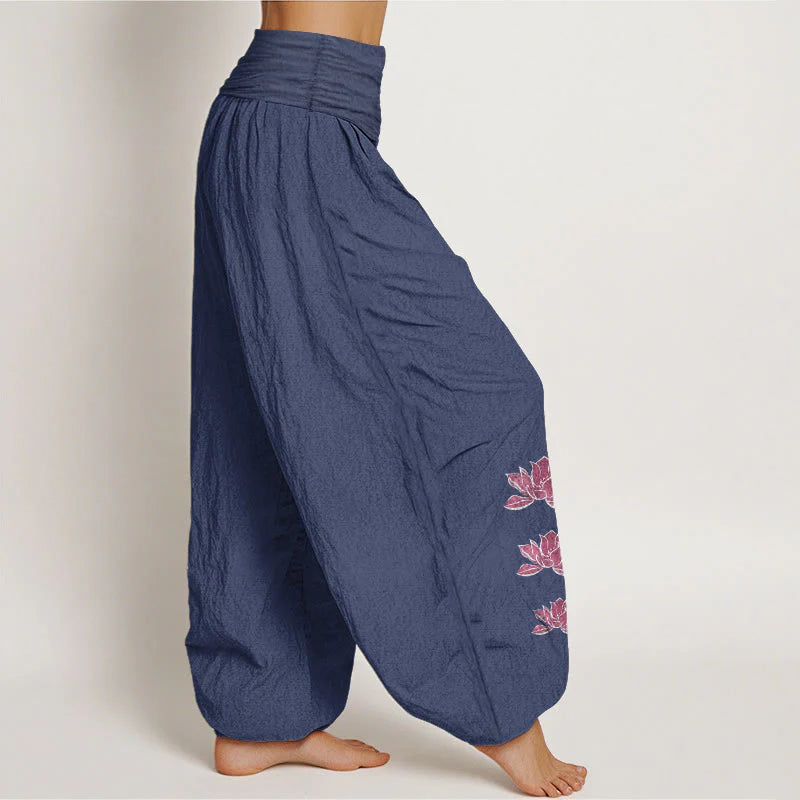 Buddha Stones Casual Lotus Pattern Pure Cotton Women's Elastic Waist Harem Pants
