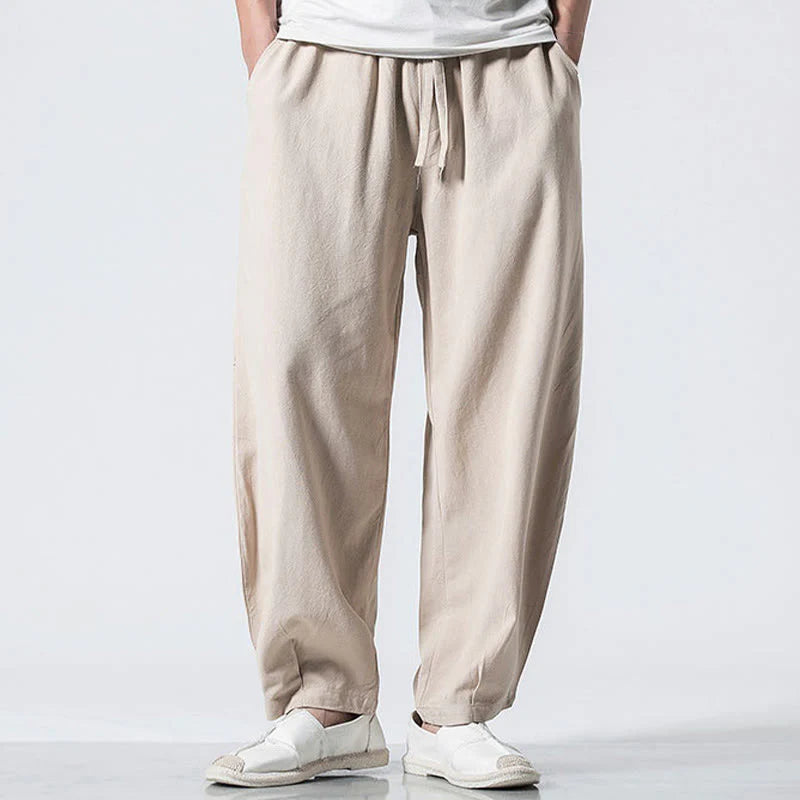 Buddha Stones Drawstring Elastic Waist Ankle-Length Men's Cotton Pants With Pockets