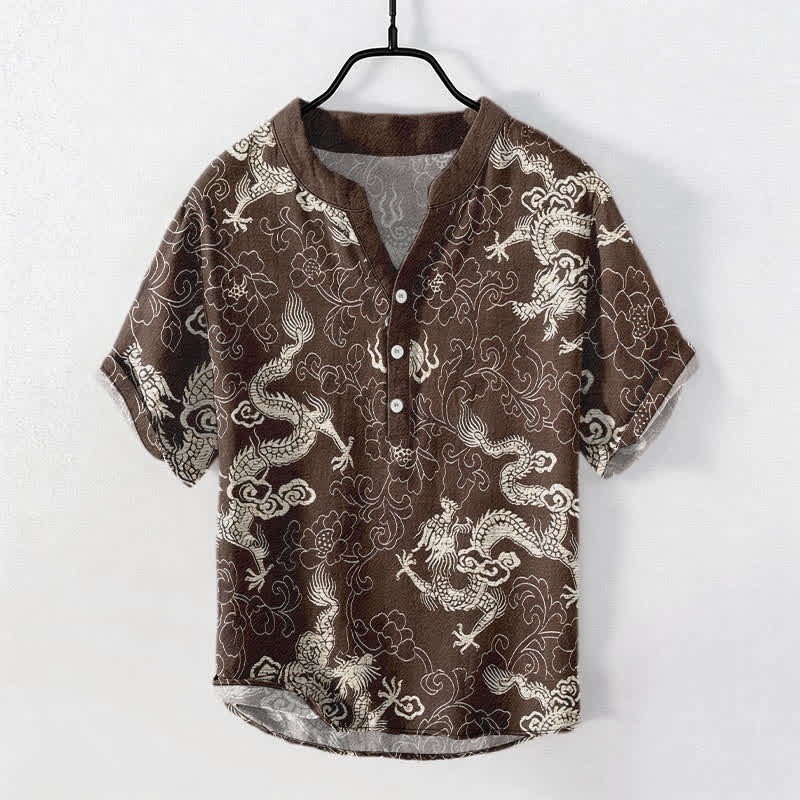 Buddha Stones Cotton Dragon Lotus Pattern Men's Short Sleeve Half Button Shirt