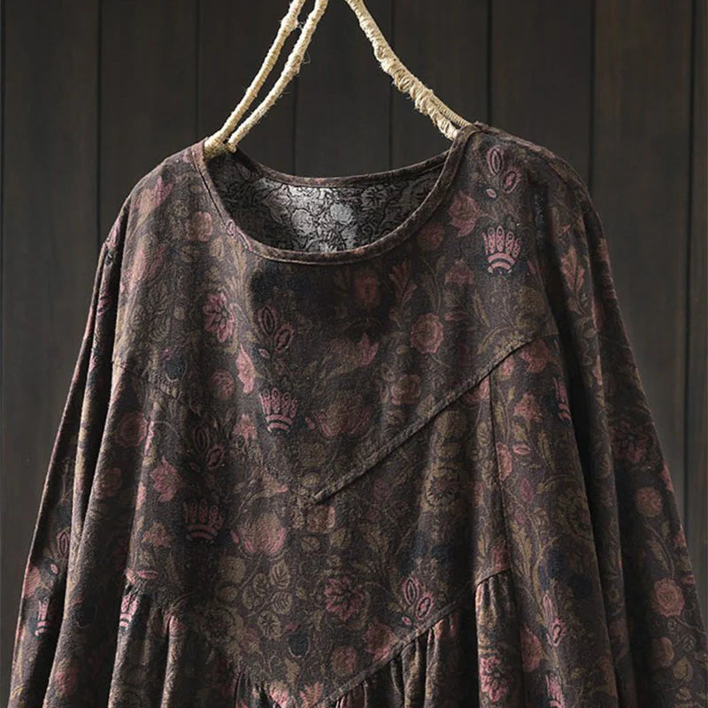 Buddha Stones Retro Floral Pattern A-line Design Long Sleeve Women's Cotton Maxi Dress