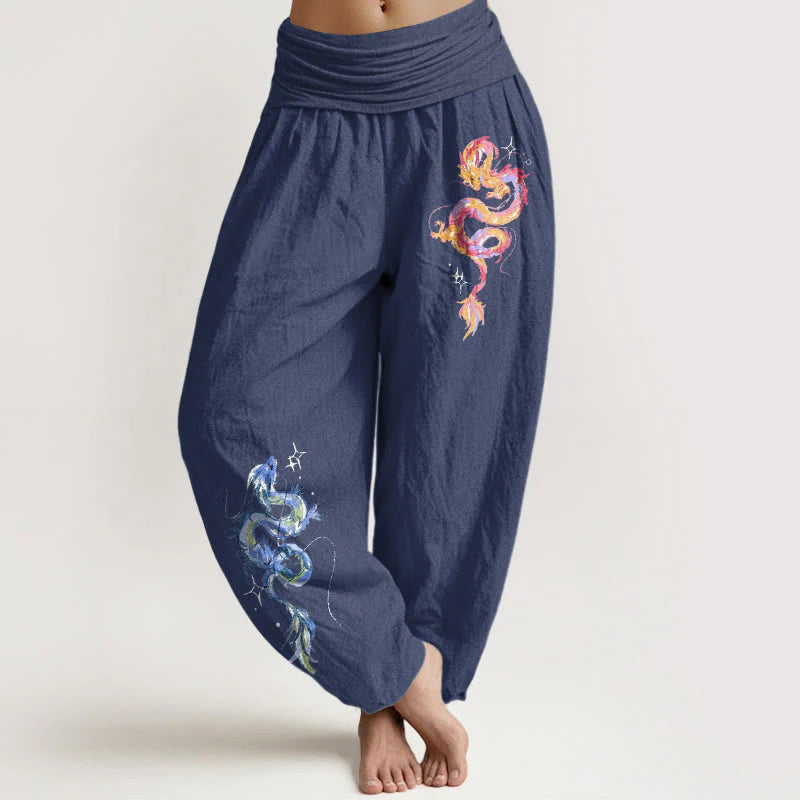 Buddha Stones Pure Cotton Striking Dragon Pattern Women's Elastic Waist Harem Pants