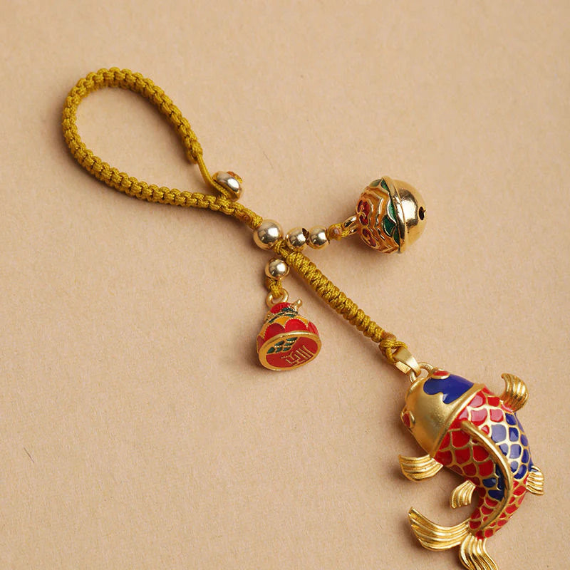 Buddha Stones Colorful Koi Fish Hollow Bell Wealth Luck Key Chain