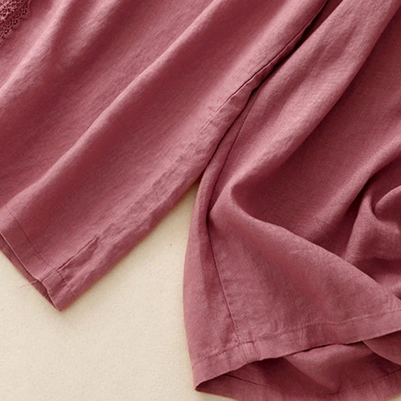 Buddha Stones Plain Color Lace Stitching Cotton Linen Women's Wide Leg Pants With Pockets