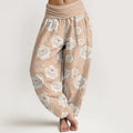 Buddha Stones Cotton Elegant White Flowers Pattern Women's Elastic Waist Harem Pants