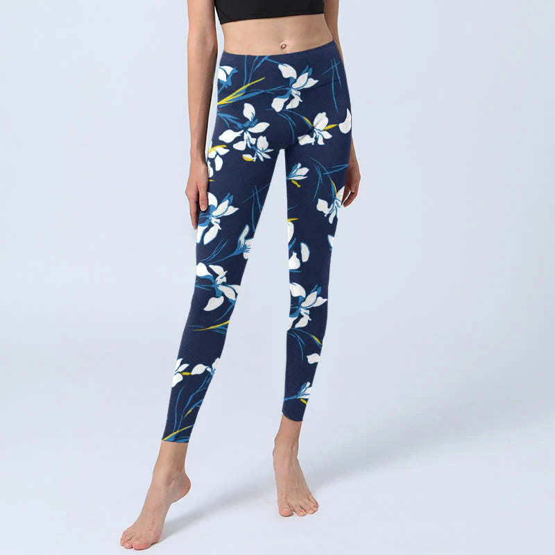 Buddha Stones White Blossom Leaves Pattern Print Gym Leggings Women's Yoga Pants