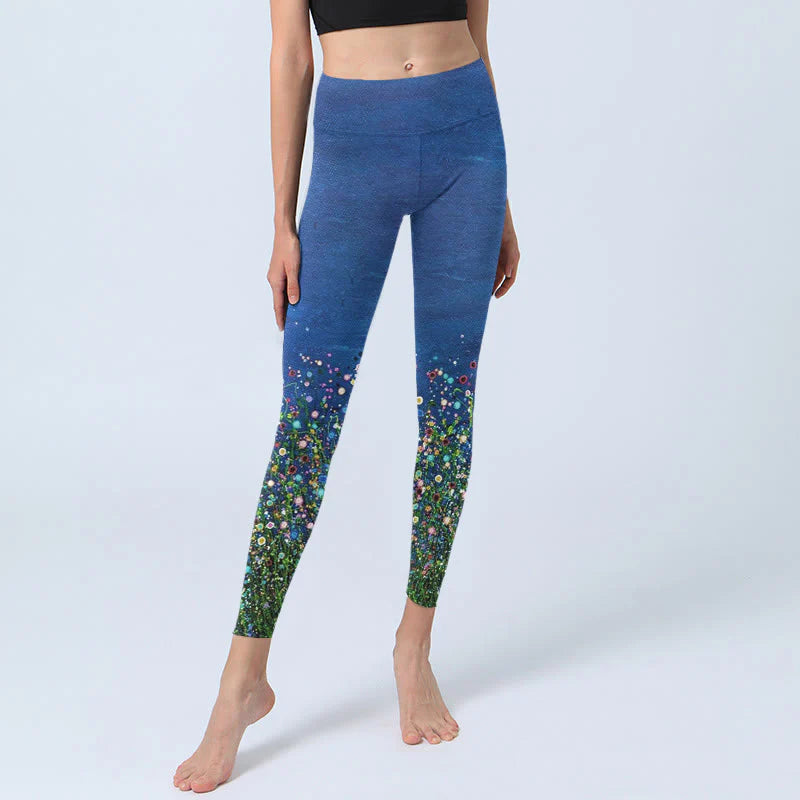 Buddha Stones Grass Flower Pattern Print Gym Leggings Women's Yoga Pants