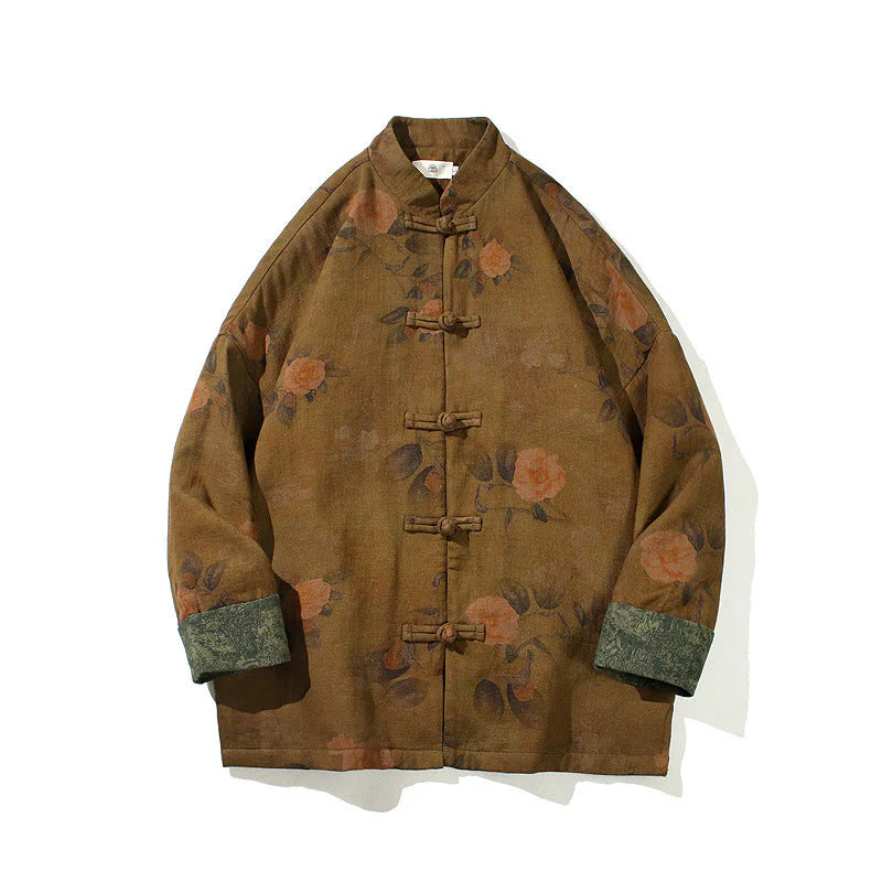Buddha Stones Spring Printed Floral Pattern Men's Chinese Frog-button Long Sleeve Cotton Jacket