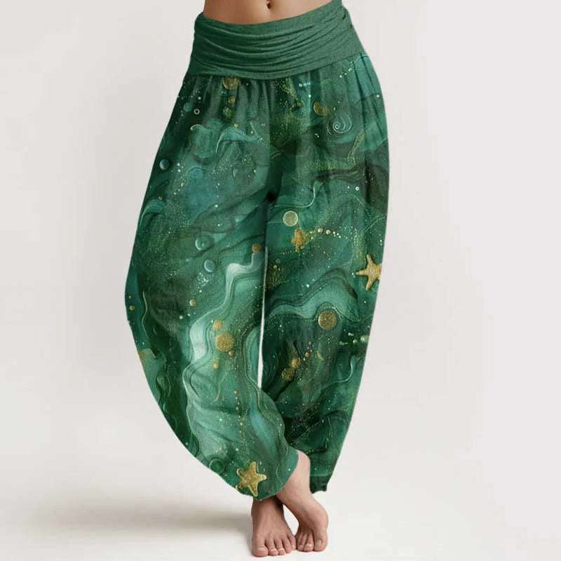 Buddha Stones Cotton Oceanic Golde Star Pattern Women's Elastic Waist Harem Pants