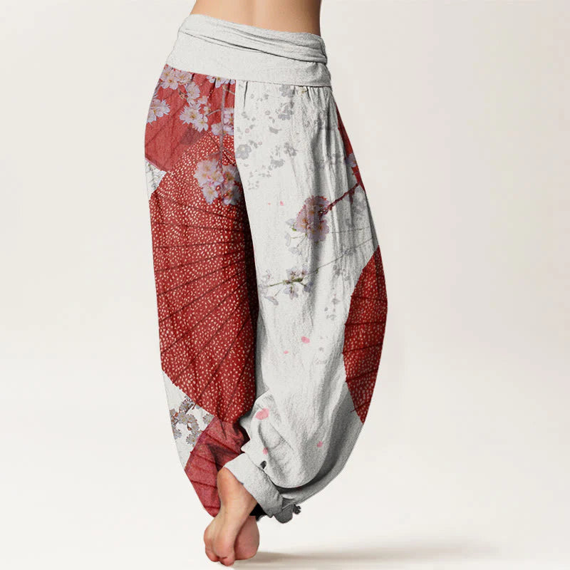Buddha Stones Cotton Casual Red Oil-paper Umbrella Cherry Blossom Pattern Women's Elastic Waist Harem Pants