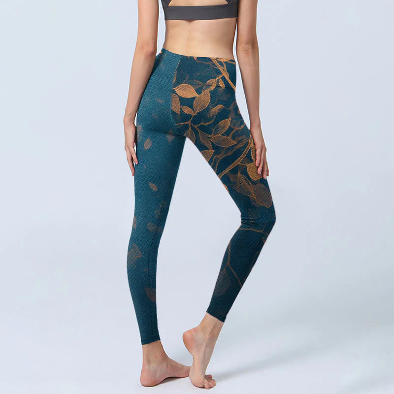 Buddha Stones Elegant Leaf Pattern Print Gym Leggings Women's Yoga Pants