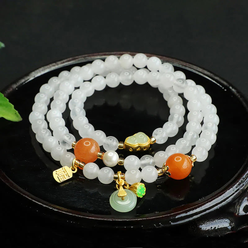 Buddha Stones Natural White Jade Multi-layer Gourd Peace Buckle Fu Character Luck Bracelet