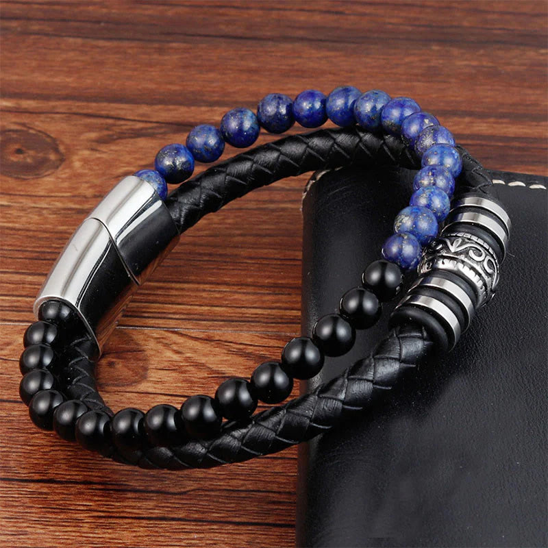 Buddha Stones Black Onyx Lazurite Lapis Lazuli Titanium Steel Fortune Calm Leather Bracelet