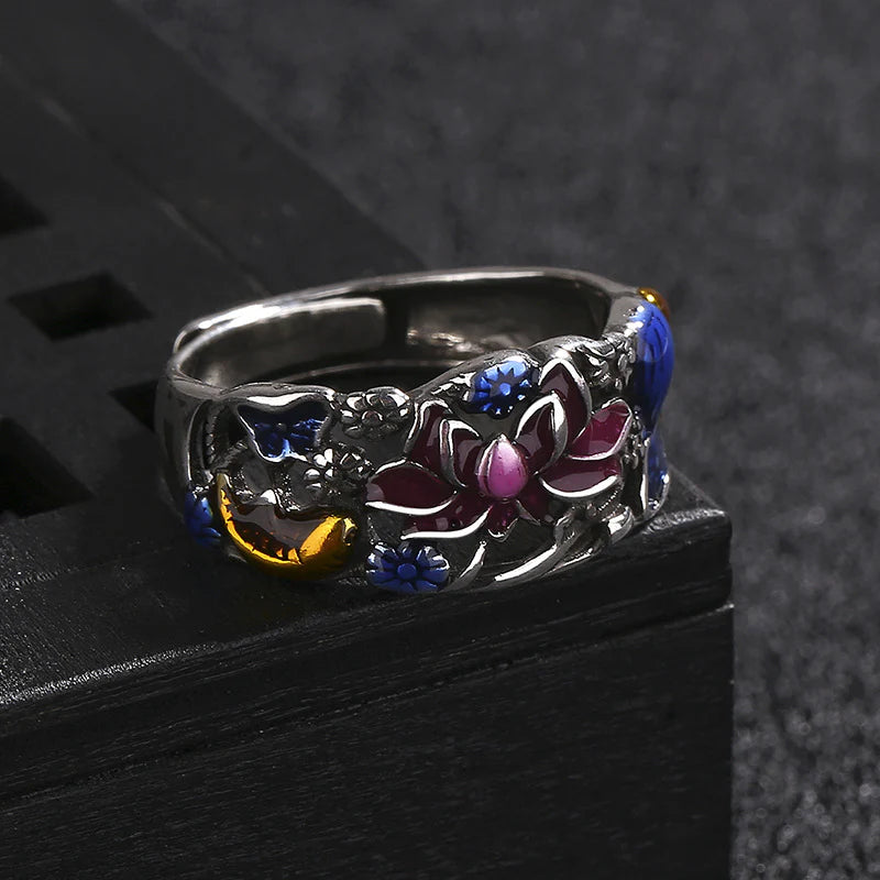Buddha Stones Koi Fish Lotus Flower Leaf Design Luck Wealth Ring