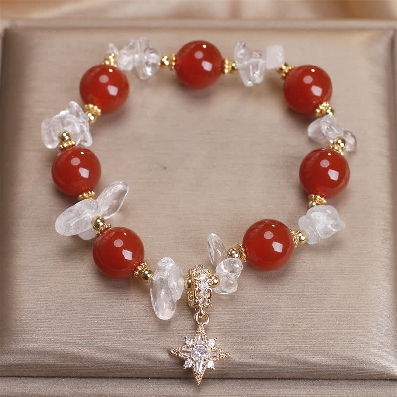 Buddha Stones Natural Red Agate Clear Quartz Hexagram Charm Confidence Bracelet