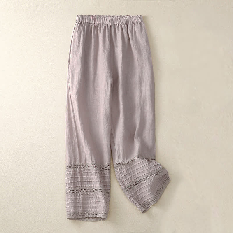 Buddha Stones Spring Elastic Waist Lace Pleated Hem Cotton Women's Pants With Pockets