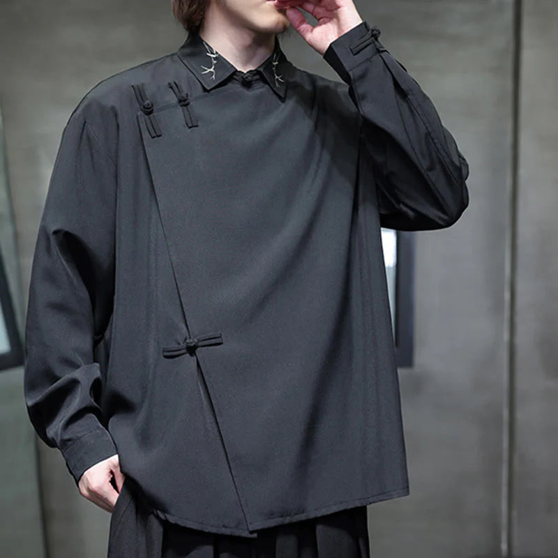 Buddha Stones Vintage Pure Color Chinese Frog-Button Design Embroidery Lapel Men's Long Sleeve Shirt