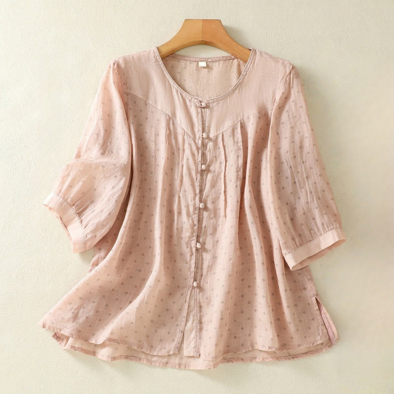 Buddha Stones Printing Floral Buttons Color Contrast Half Sleeve Women's Shirt