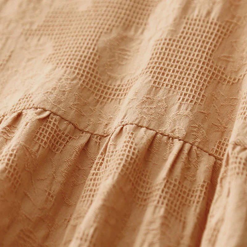 Buddha Stones Summer Jacquard Plain Elastic Cuff Design Crew Neck Short Sleeve Cotton Midi Dress