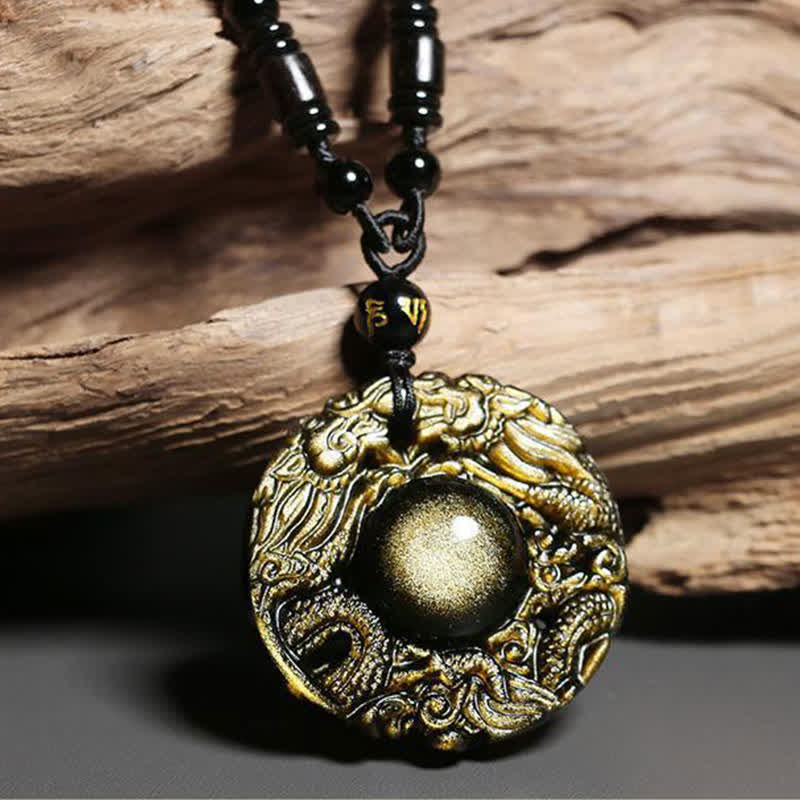 Buddha Stones Natural Gold Sheen Obsidian Rainbow Obsidian Dragon Strength Necklace Pendant (Extra 35% Off | USE CODE: FS35)