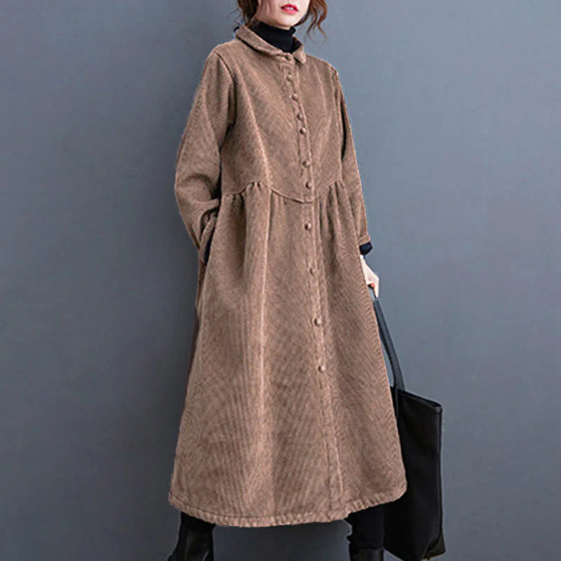 Buddha Stones Plain Buttons Long Sleeve Women's Cotton Corduroy Fleece-Lined Coat With Pockets