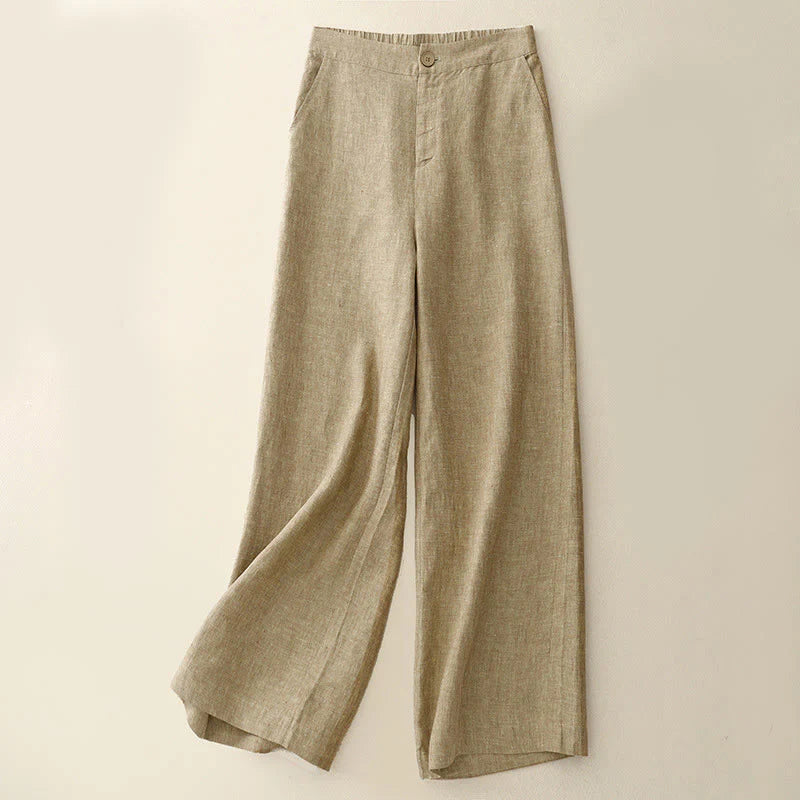 Buddha Stones Casual Plain Women's Cotton Linen Elastic Waist  Wide Leg Pants With Pockets