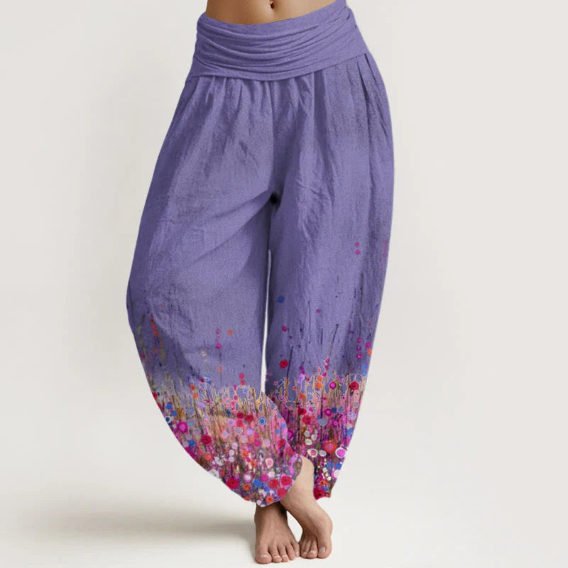 Buddha Stones Cotton Casual Colorful Wildflower Field Pattern Women's Elastic Waist Harem Pants