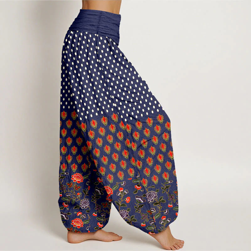 Buddha Stones Cotton Dots Red Purple Flower Pattern Women's Elastic Waist Harem Pants