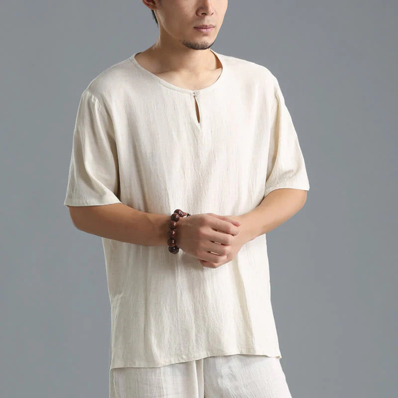Buddha Stones Men's Solid Color Round Neck Short Sleeve CottonÂ Linen Shirt