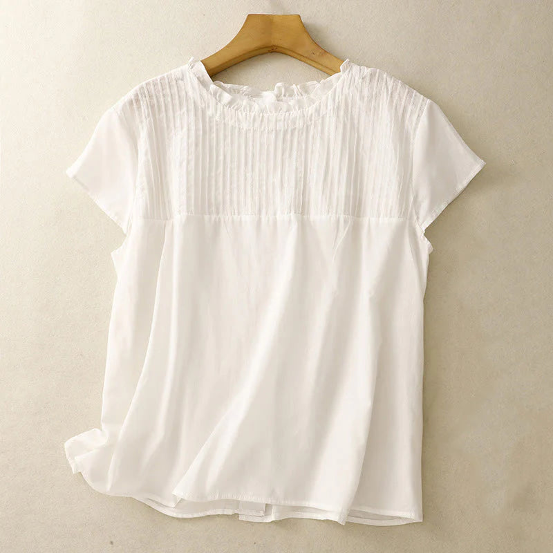 Buddha Stones Summer Pure Color Ruffled Pleated Design Women's Cotton Short Sleeve Shirt