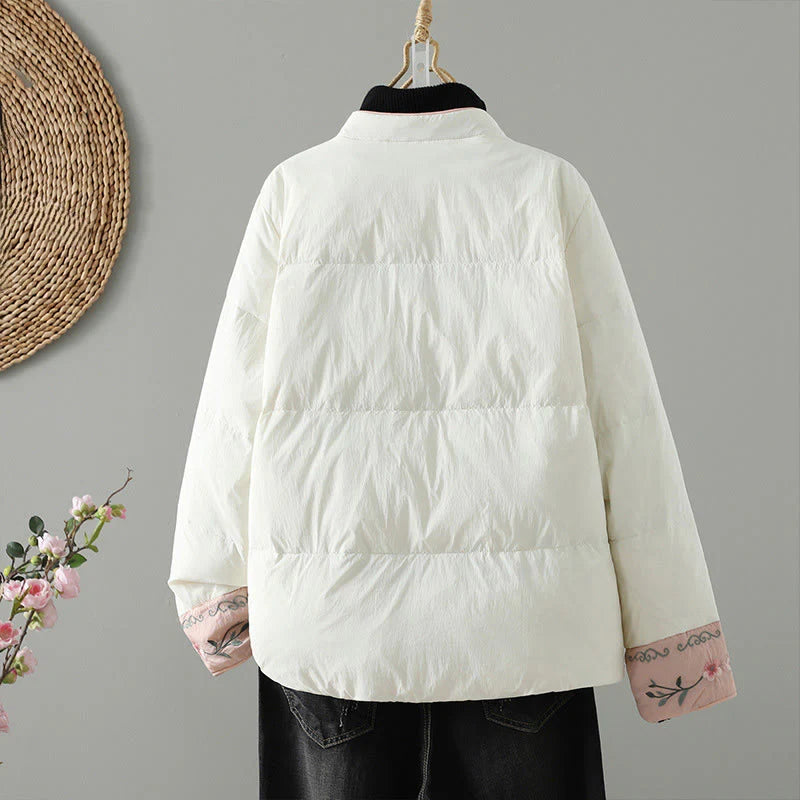 Buddha Stones Peach Blossom Embroidery Frog-Button Long Sleeve Thermal Women's Jacket With Pockets