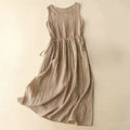 Buddha Stones Casual Plain Handmade Drawstring Waist Midi Dress Acrylic Sleeveless Dress With Pockets