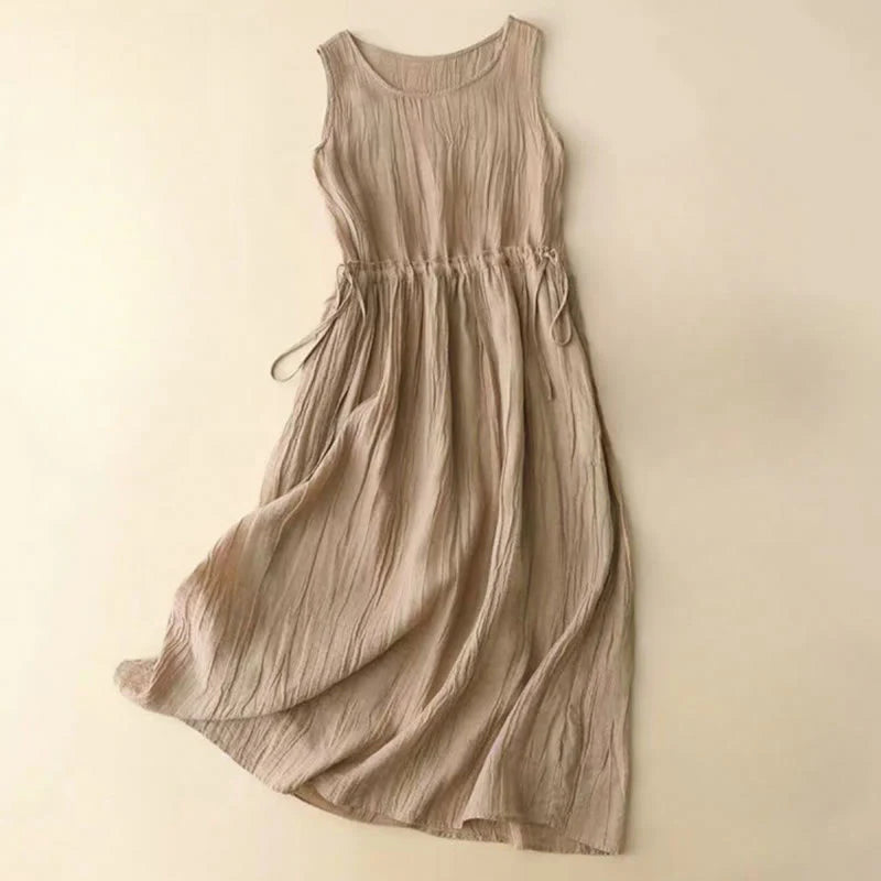 Buddha Stones Casual Plain Handmade Drawstring Waist Midi Dress Acrylic Sleeveless Dress With Pockets
